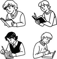 Students engaged in studying reading writing and learning black and white line art vector