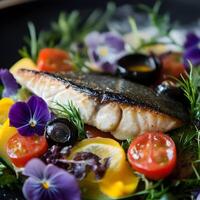 Grilled salmon fillet with vegetables on a black plate closeup. photo