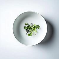 Plate with fresh herbs on a white background. Top view. Flat lay. Minimal style photo