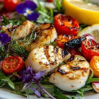 Salad with grilled scallops, tomatoes and arugula. Vivid colors, Close up, selective focus photo