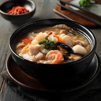 Seafood soup with shrimps, mussels and vegetables in bowl on wooden table. Seafood soup in a bowl on a dark wooden background. photo
