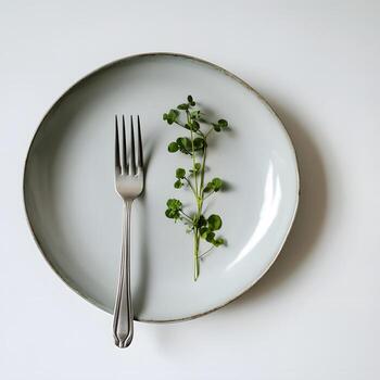 Plate with fresh microgreens on white background, top view. Plate with fresh thyme and fork on white background, top view. photo