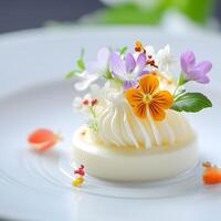 Creamy vanilla pudding decorated with spring flowers on a white plate. Selective focus photo