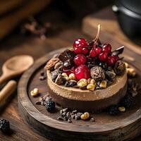 Chocolate cake with berries and nuts on a wooden background. Toned. selective focus photo