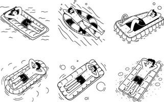 Hand drawn illustrations of men floating on inflatable mattresses in summer vector
