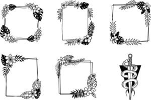 Tropical frames and decorative elements with exotic flowers and snake wrapped around sword vector