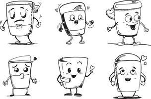 Set of hand drawn cartoon coffee cups with different expressions vector