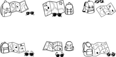 Outlined illustration of backpacks maps and sunglasses for adventure planning vector