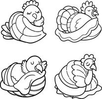 Black and white outline illustration of hens brooding or resting on a nest vector