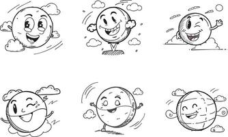 Hand drawn cartoon globe characters with clouds in different poses set vector