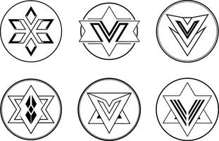 Set of six abstract geometric logos in circular frames black and white vector