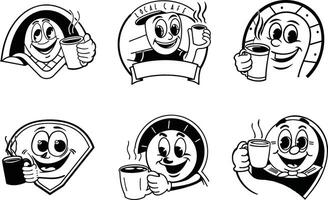 Cartoon cafe logo icons with smiling characters holding hot coffee cups vector