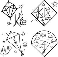Set of different kite illustrations in outline style and various landscape compositions vector
