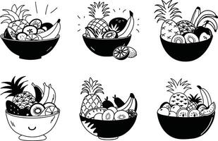 Hand drawn fruit bowl set with bananas and pineapples vector