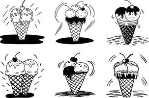 Black and white doodle style ice cream cones set with cherries vector