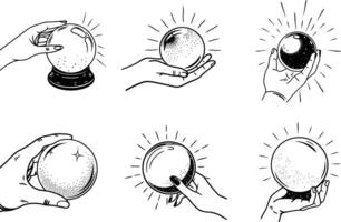 Set of black and white crystal ball and hand illustrations for fortune telling vector