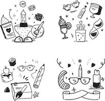 Black and white doodle illustration featuring everyday objects and whimsical elements vector