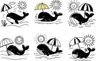 Whales with umbrellas and smiling suns doodle seamless pattern vector