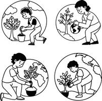 Earth day activities line art illustration of children planting trees for environmental conservation vector