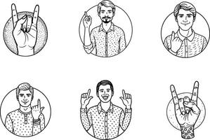 Line art illustration of men with hands pointing upward and rock on gesture vector