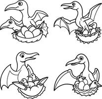 Line art illustration featuring pterodactyl dinosaurs with nests and eggs outlines vector