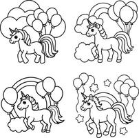 Unicorns with balloons rainbows and stars outlined coloring page set vector
