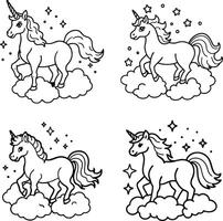 Unicorns on clouds outlines with stars and dots illustration pattern vector