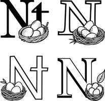 Creative alphabet letter n with bird nests and eggs black and white design vector