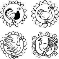 Turkey outlines in leaf circle frames for thanksgiving coloring and crafting vector