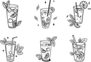 Set of hand drawn lemonade drink illustrations with ice and straws black outline vector