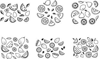 Six fruit composition designs with watermelon,lemon,and pear in black and white vector
