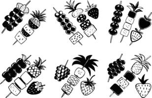 Black and white doodles of fruits on skewers various combinations vector