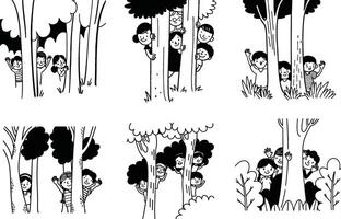Children playing hide and seek behind trees in forest doodles vector