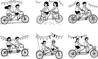 Seamless pattern of hand drawn people riding tandem bicycles with decorative banners vector