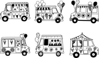 Set of doodle ice cream trucks with flowers and balloons vector