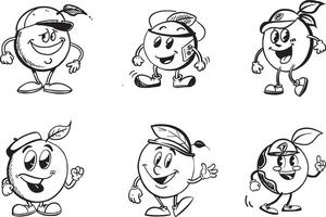 Cartoon mascot characters of apples wearing hats black and white illustration vector