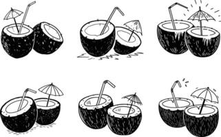 Seamless pattern of coconut drinks with straws and umbrellas summer illustration vector