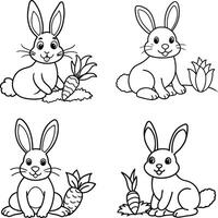 Cute bunny rabbit outline illustrations with carrots cartoon set vector