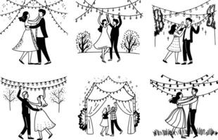 Wedding celebration doodle seamless pattern with dancing couples and string lights vector
