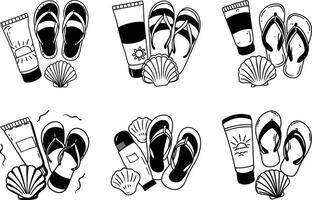 Seamless pattern of summer beach vacation essentials in black and white outline style vector