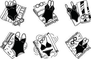 Seamless pattern with beach towels swimsuits and sunglasses in black and white vector