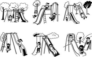 Children playing on swings and slides at the playground monochrome seamless pattern vector