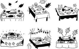 Festive thanksgiving dinner table setups in hand drawn doodle style vector