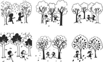 Hand drawn illustration of children playing running around trees in fall season vector