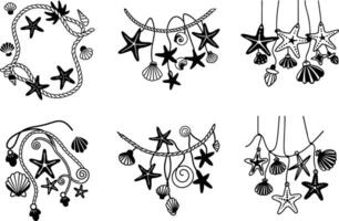 Set of decorative marine elements with starfish and shells in black and white vector