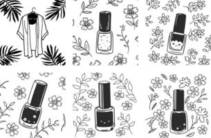 Seamless fashion pattern with nail polish bottles and botanical floral elements vector