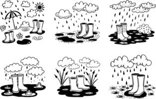 Rainy weather doodle seamless pattern with boots clouds and puddles vector