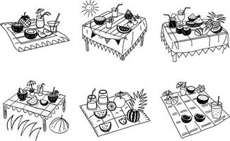 Black and white doodle picnic with summer fruits and refreshing drinks vector