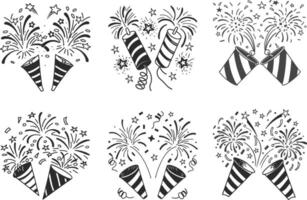 Celebration seamless pattern with party poppers confetti and fireworks black and white doodle style vector