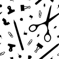Seamless pattern of hand drawn stationery supplies in black and white. This illustration features pencils, pens, scissors. Ideal for wrapping paper and textiles. With a white background vector